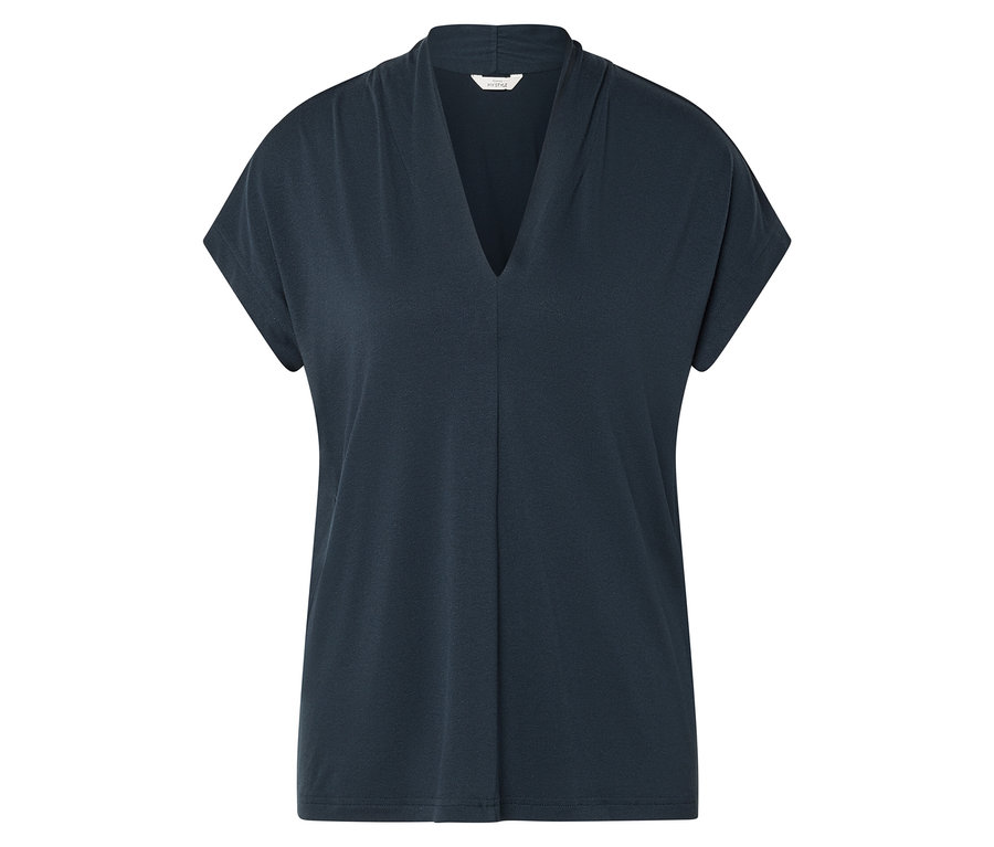 Sötétkék, V-nyakú póló.