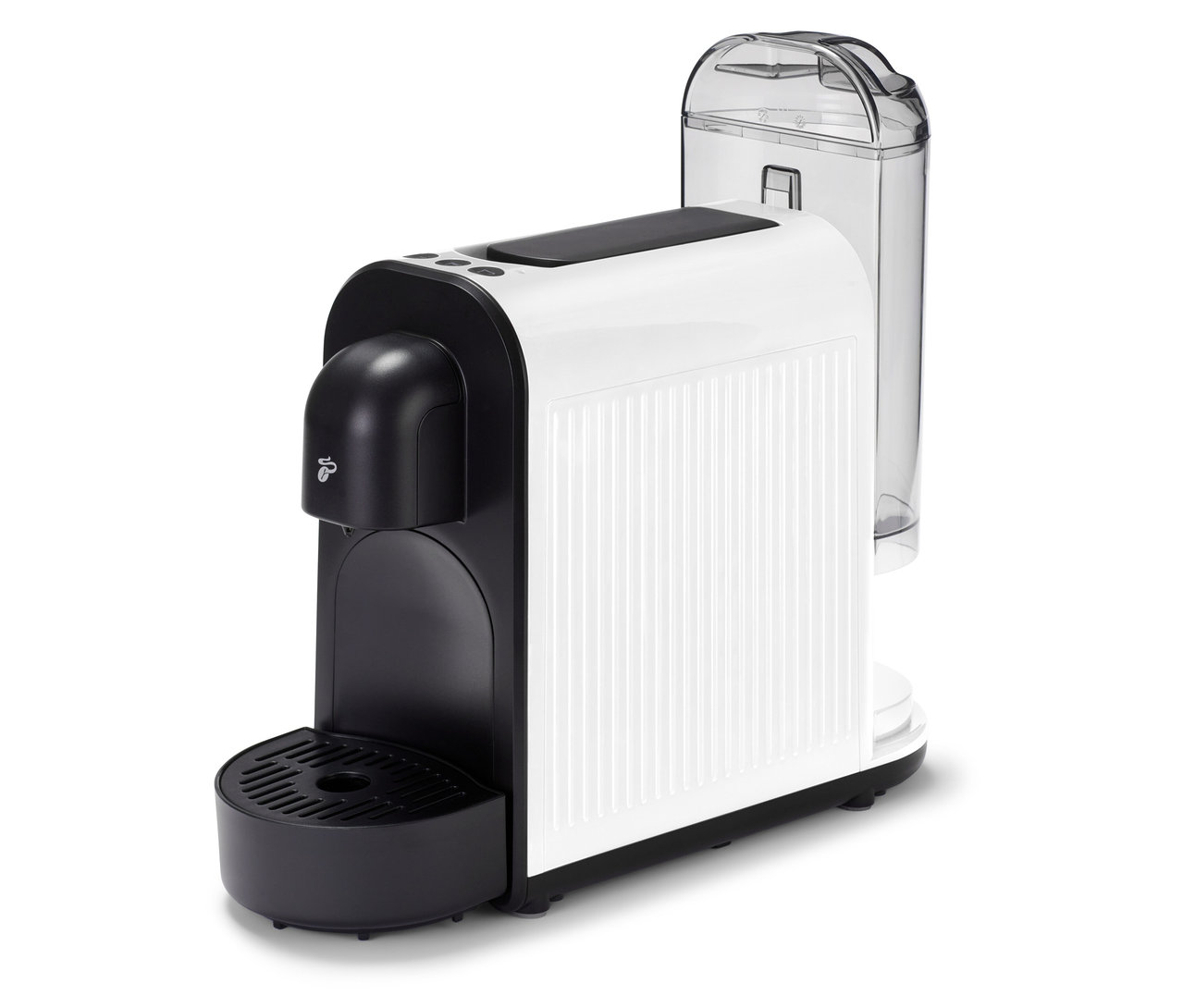 Fehér Cafissimo now white kapszulás kávéfőző fekete kifolyóval és átlátszó víztartállyal.