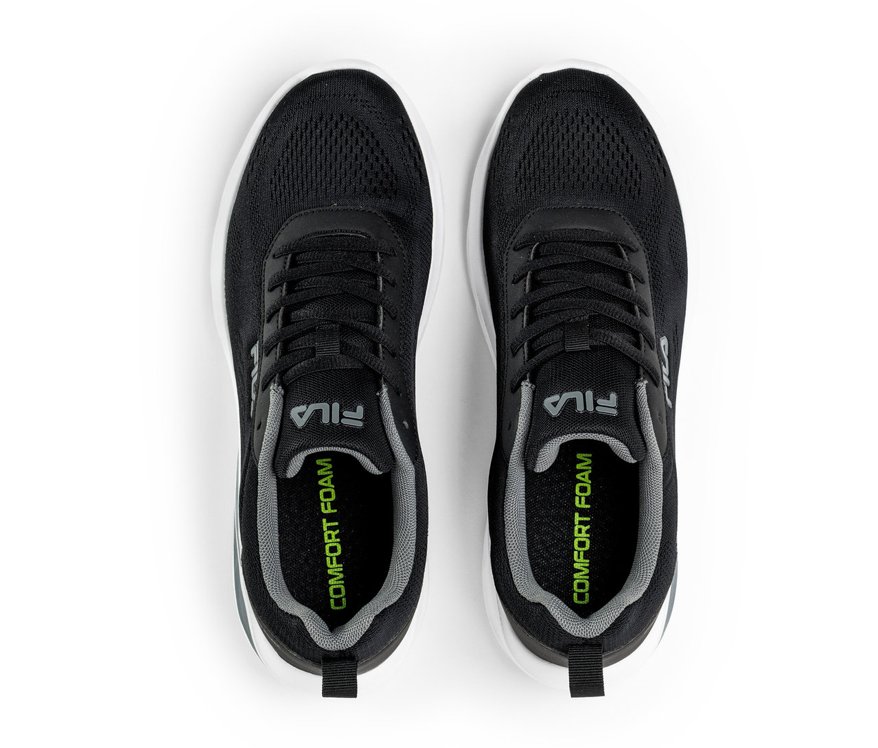 Két fekete FILA Specctris férfi sportcipő fehér talppal és szürke belső talppal, felülnézetből.