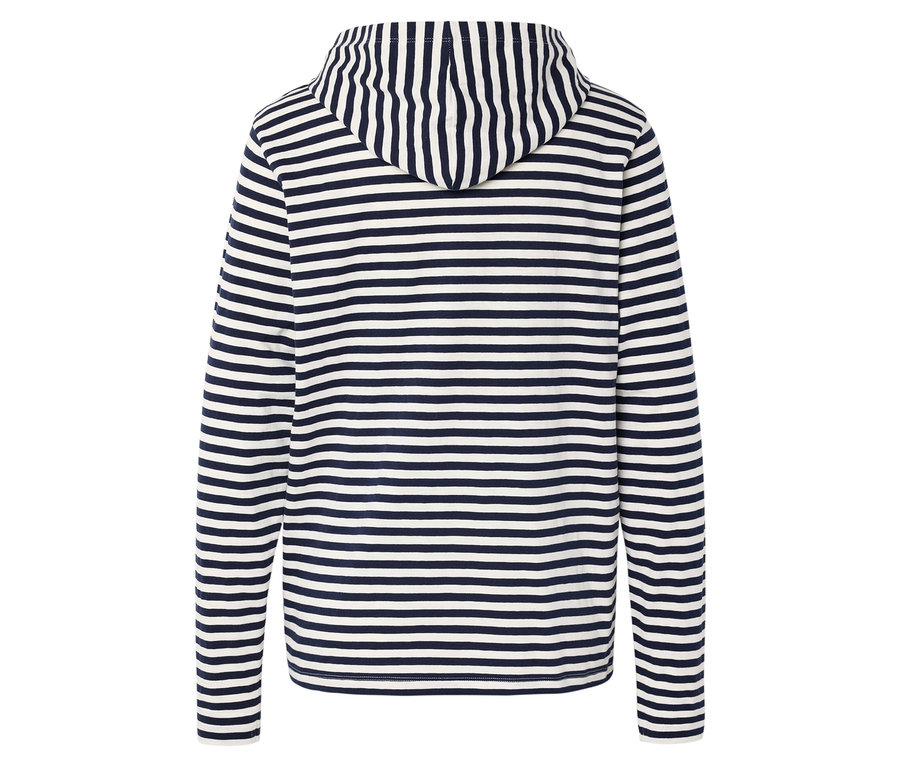 Hátulnézet egy hosszú ujjú, vízszintes sötétkék és fehér csíkos kapucnis pulóverről.
