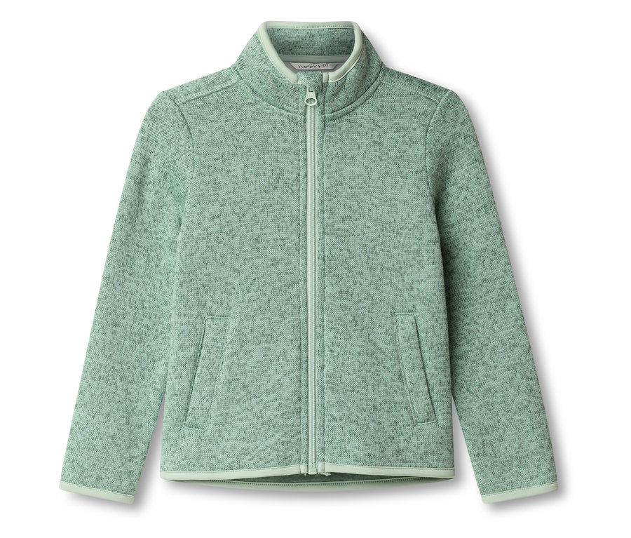 Egy világoszöld cipzáras polár pulóver fekszik egy fehér háttéren.