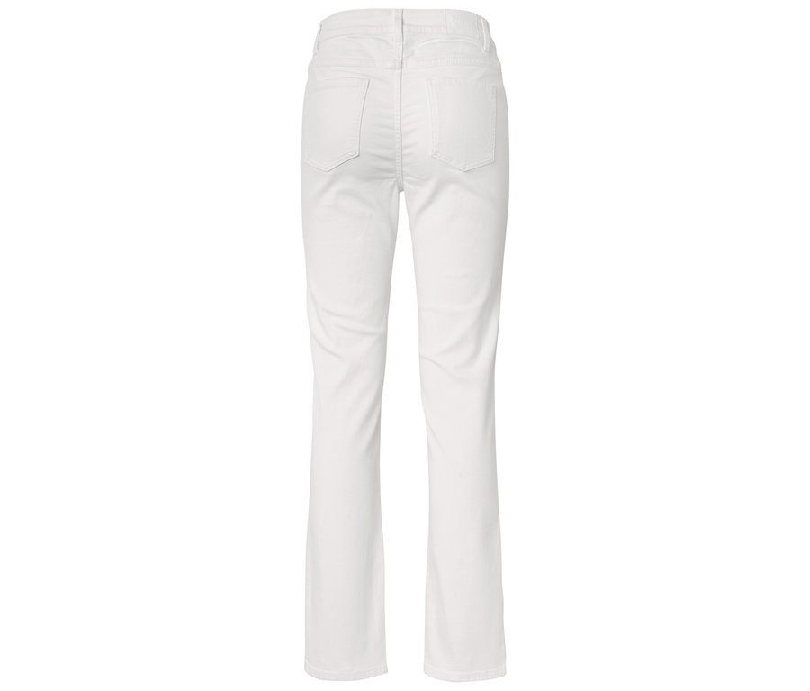 Egyenes szárú fehér nadrág hátulnézete.