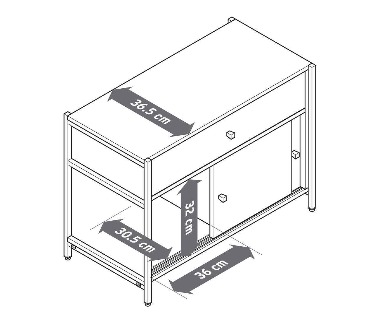 A »GRADE« komód illusztrációja fiókkal és tolóajtókkal, méretekkel.