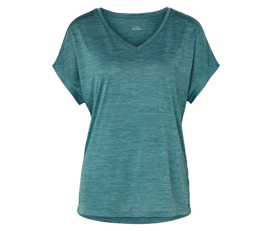 Türkiz színű, V-nyakú, rövid ujjú sportfelső.