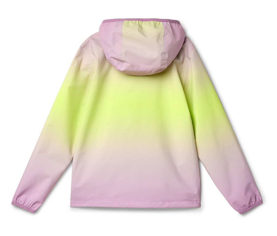 Hátulnézet egy lila-sárga színátmenetes kapucnis kabátról.