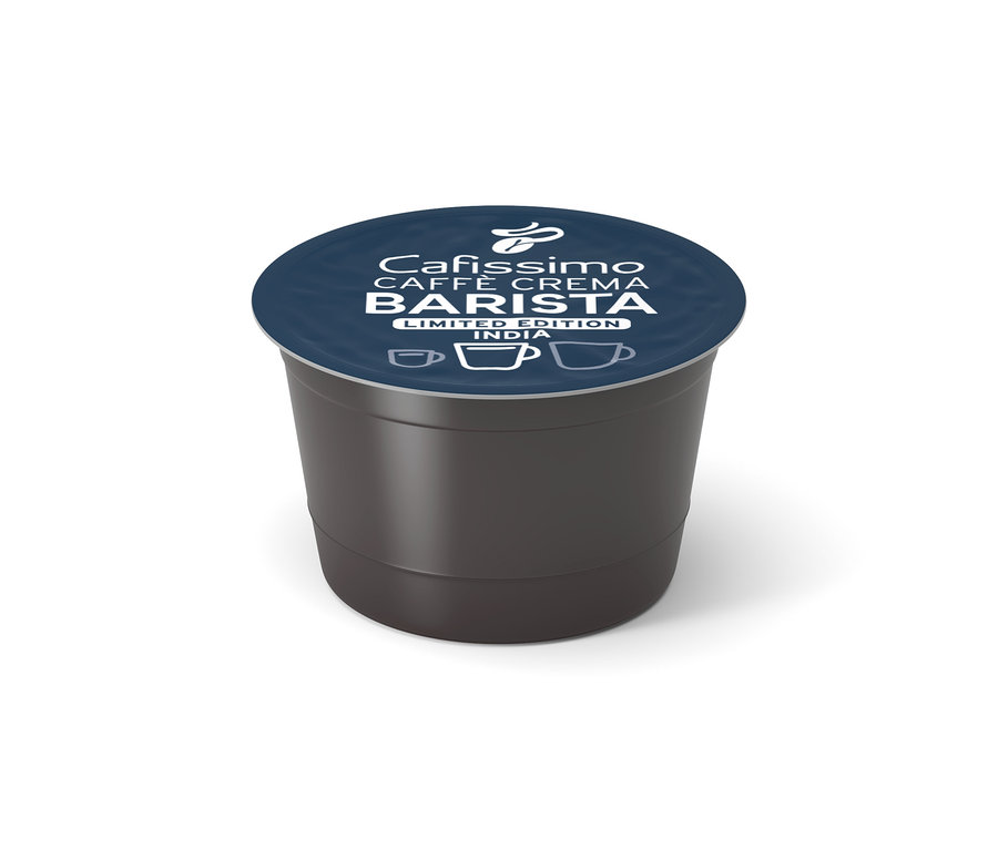 Egyetlen sötétszürke Cafissimo BARISTA Caffè Crema India kávékapszula sötétkék fedéllel, fehér szöveggel és kávéscsésze ikonokkal.