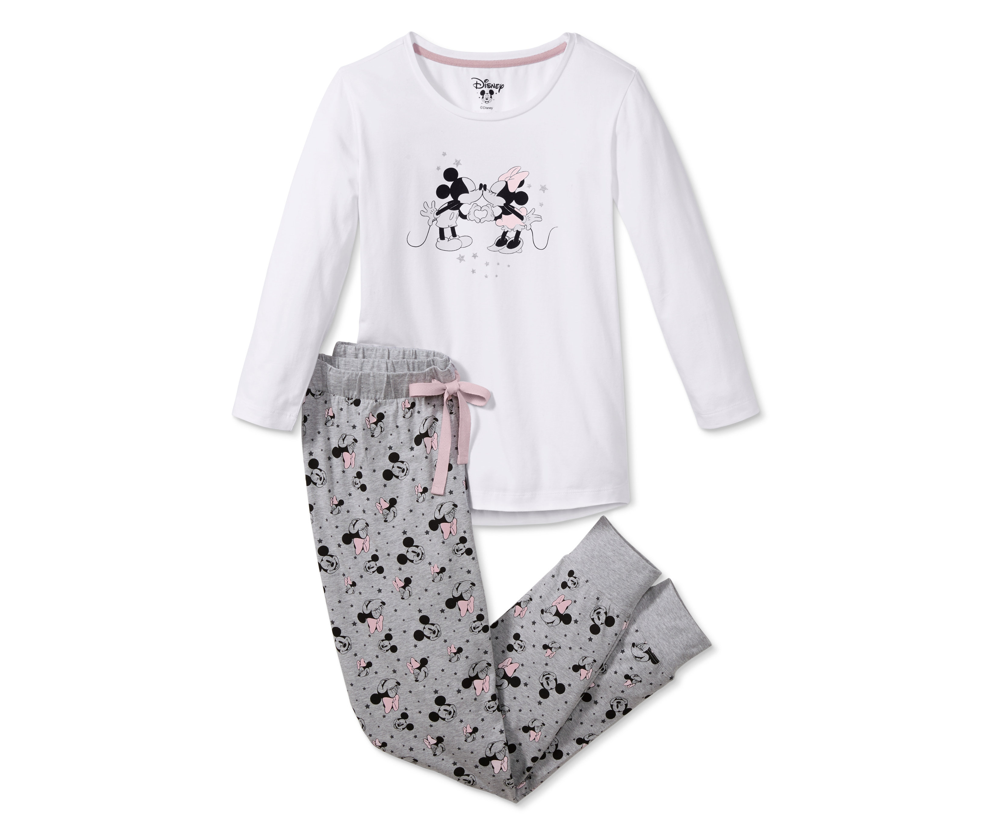 Fehér Disney pizsama szürke, Mickey és Minnie egér figurákkal nyomott nadrággal.