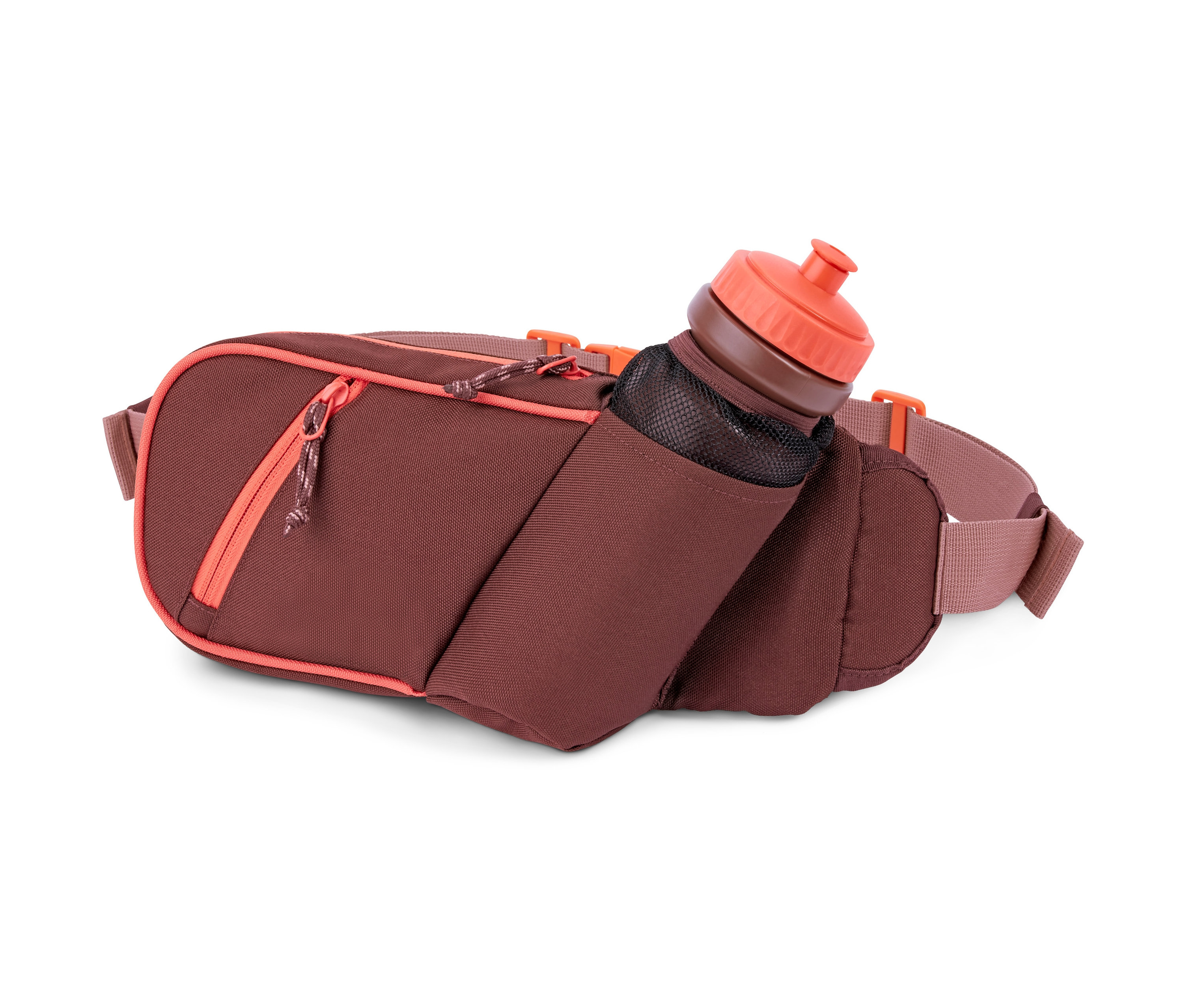 Bordó színű futóöv narancssárga részletekkel és egy hálós zsebbel, amelyben egy narancssárga kupakkal ellátott barna kulacs található.
