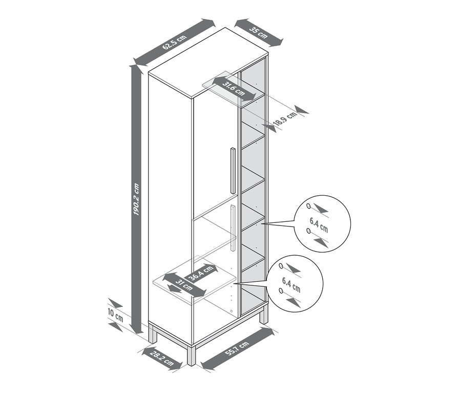 A fehér, 2 ajtós fürdőszobai szekrény méretezett ábrája.