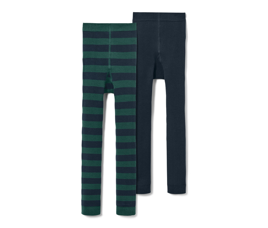 Két termoleggings. Az egyik zöld, sötétkék vízszintes csíkokkal, a másik sötétkék.