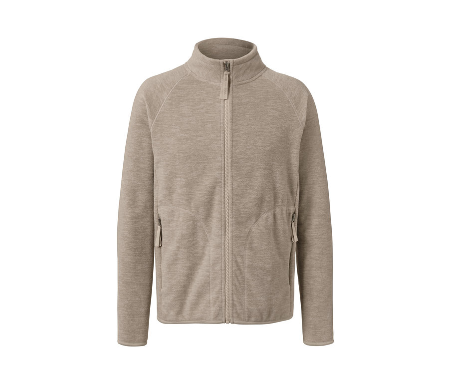 Egy bézs színű polár felső középen cipzárral.