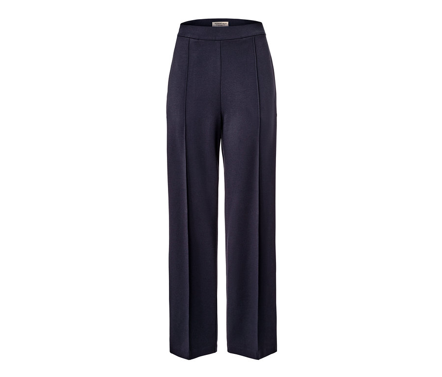 Sötétkék dzsörzénadrág levarrt hajtással.