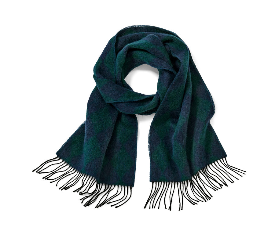 Kék és zöld árnyalatú gyapjúsál rojtokkal.