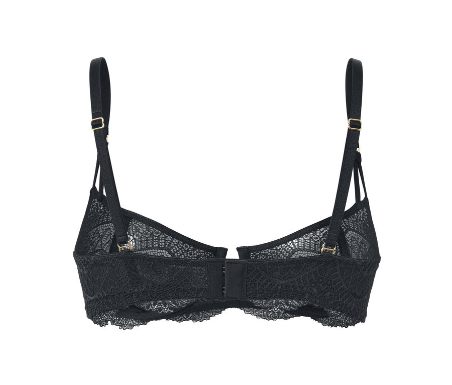 Fekete, csipkés női balconette melltartó részletgazdag hátsó nézete.