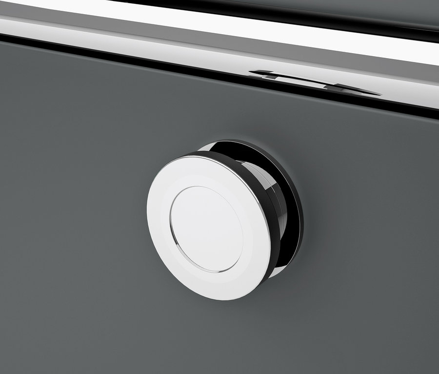 Egy szürke »CN3« fémszekrény részlete 4 lenyíló rekesszel és egy kerek, krómozott fogantyúval.