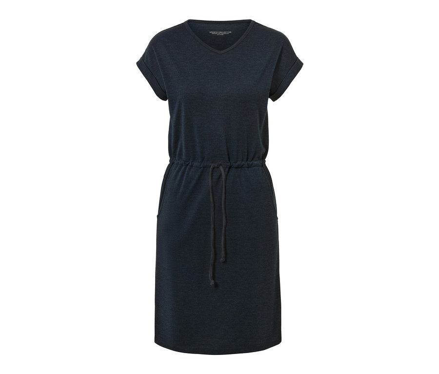 Sötétkék, rövid ujjú női funkcionális ruha, húzózsinórral a derékrészen.