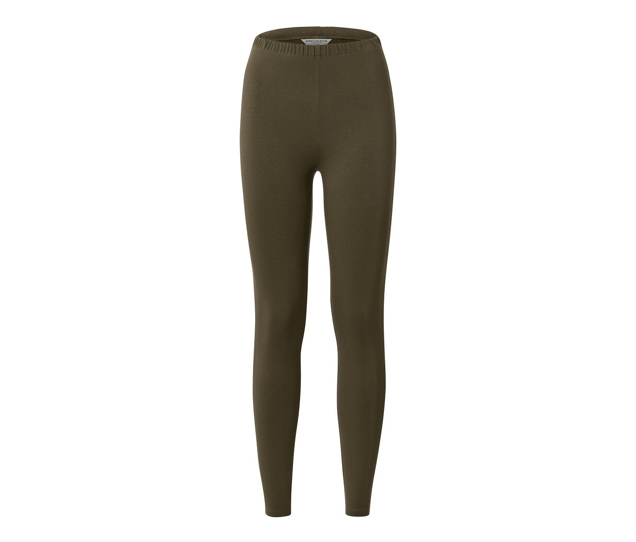 Khaki színű leggings paszpóllal, fehér háttérrel.