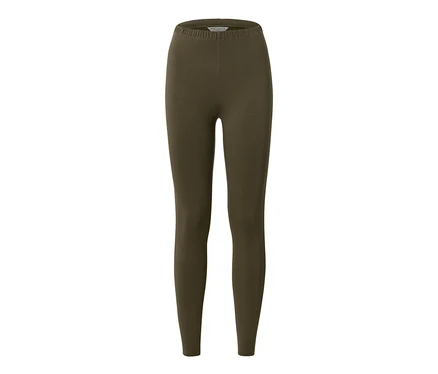 Khaki színű leggings paszpóllal, fehér háttérrel.