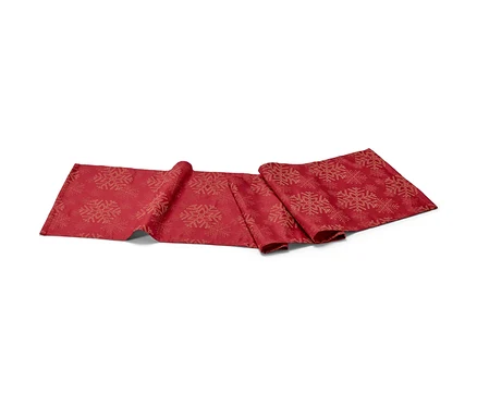 Piros, hópehely mintás jacquard asztali futó.