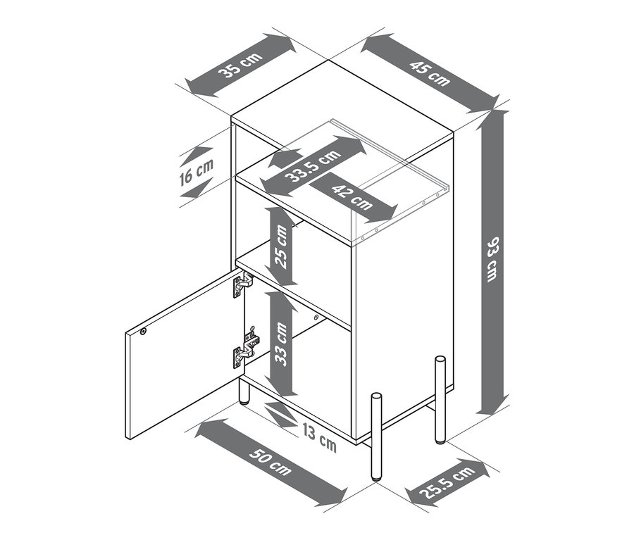 Egy fafurnérral ellátott fürdőszobaszekrény rajza méretekkel.