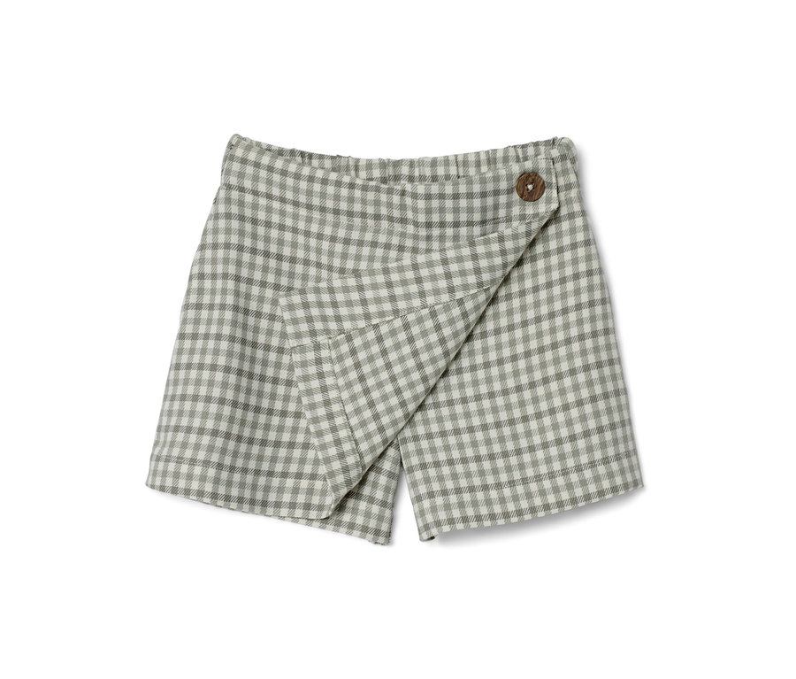 Kockás mintázatú kislány nadrágszoknya gombbal.