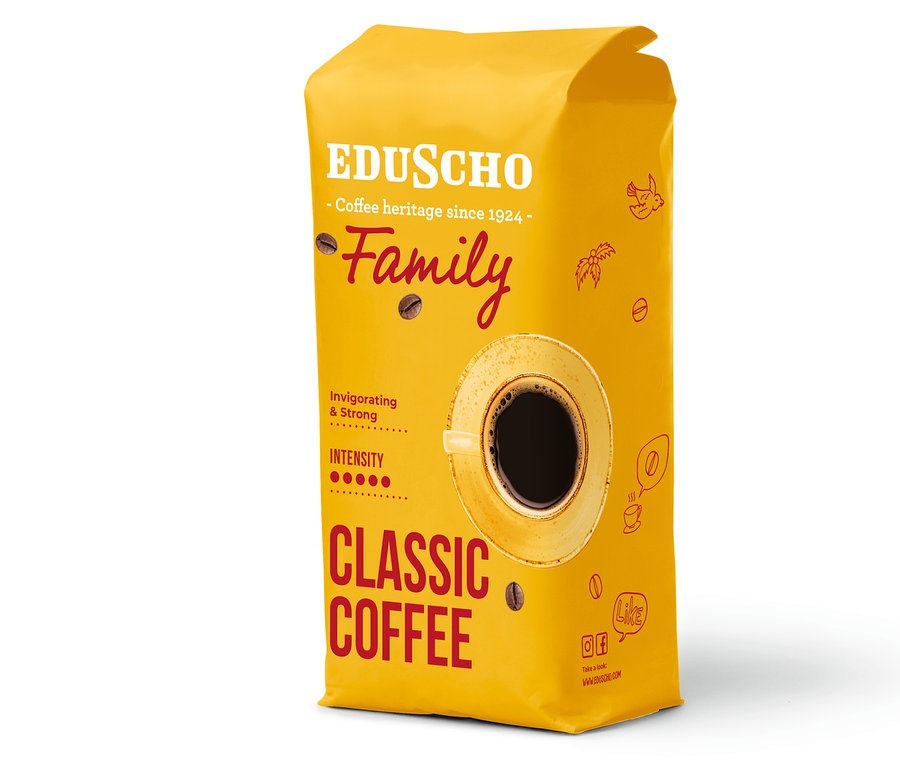 Sárga Eduscho Family Classic Coffee csomag egy csésze kávé illusztrációjával.