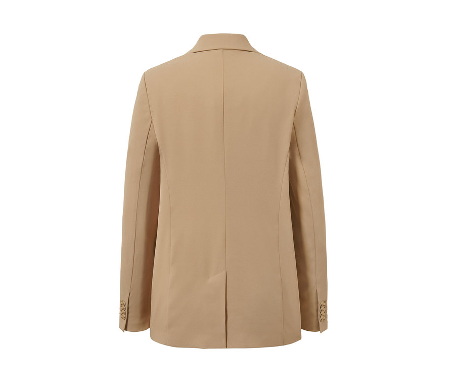 Hátulnézet egy női szövött blézerről.