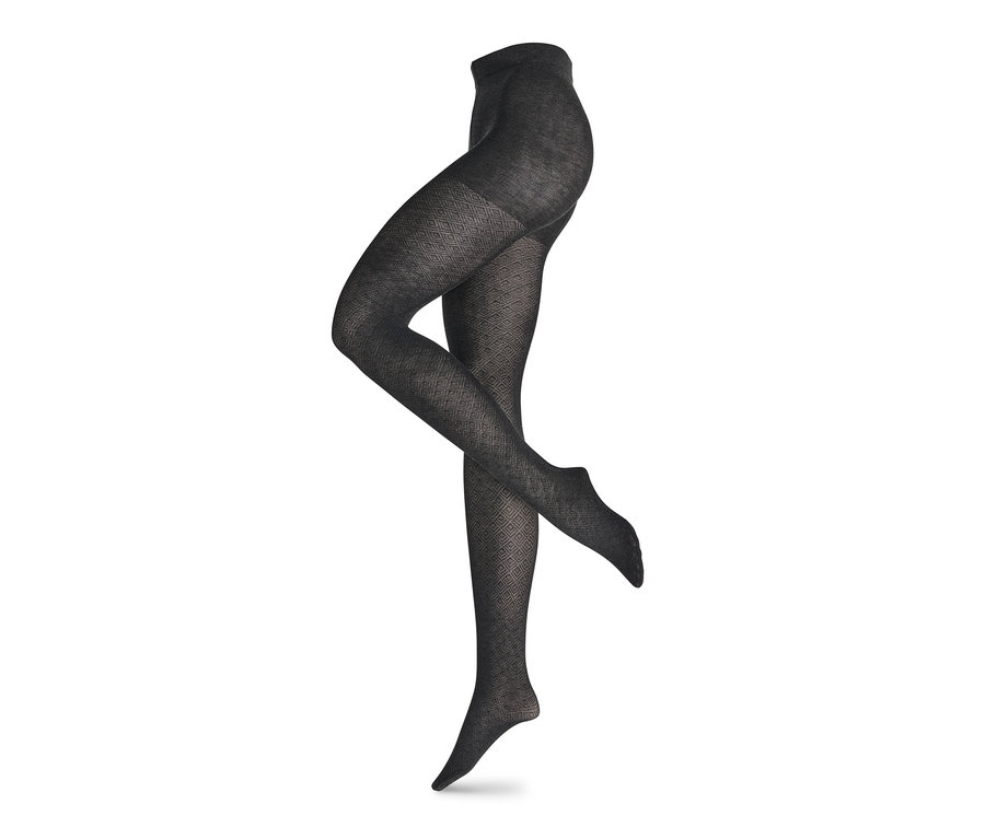 Egy antracit színű, strukturált harisnya fehér háttéren.