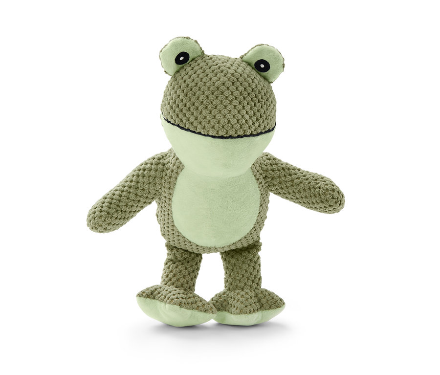 Plüss kutyajáték, béka áll fehér háttér előtt.
