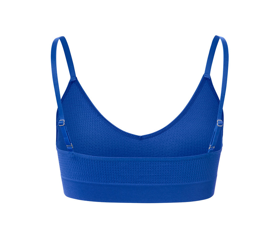 Kék, strukturált mintázatú, varrásmentes bustier melltartó részletes hátulnézete.