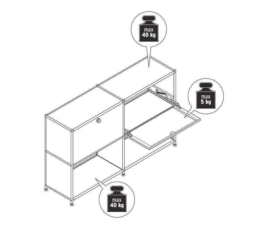 Egy fém polcos komód (2x2) rajza, melynek egyik ajtaja nyitva.