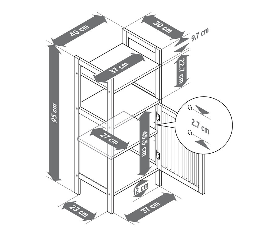 Egy polcos komód rajza, 1 ajtóval, bambusz kivitelben, méretekkel feltüntetve.