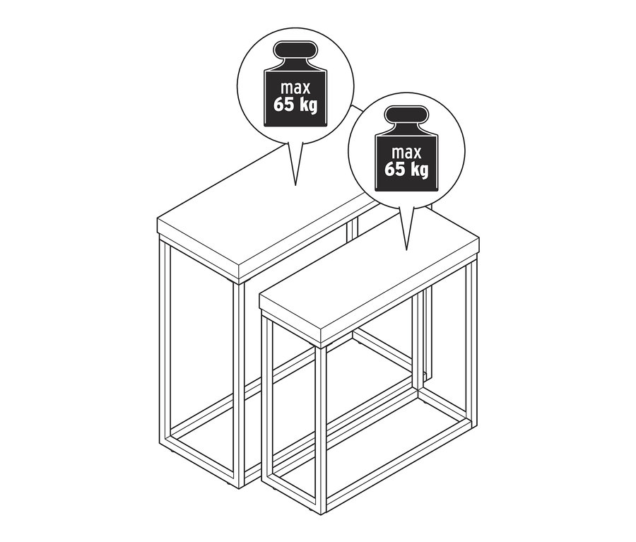 Egy konzolasztal-szett rajza, policement asztallappal és maximum 65 kg-os terhelhetőséggel.