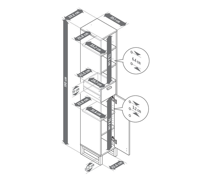 Ábra egy keskeny fürdőszobai magas szekrényről nyitott polccal, fiókkal és ajtóval.