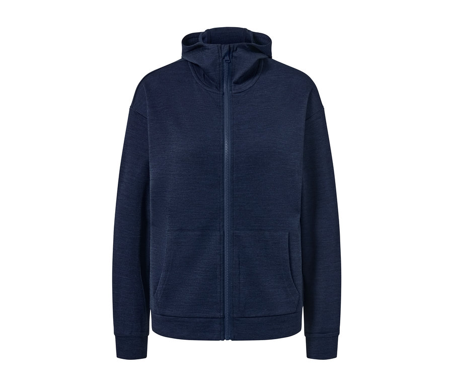 Sötétkék, RWS-minősített gyapjú kapucnis cipzáras pulóver, zsebekkel.