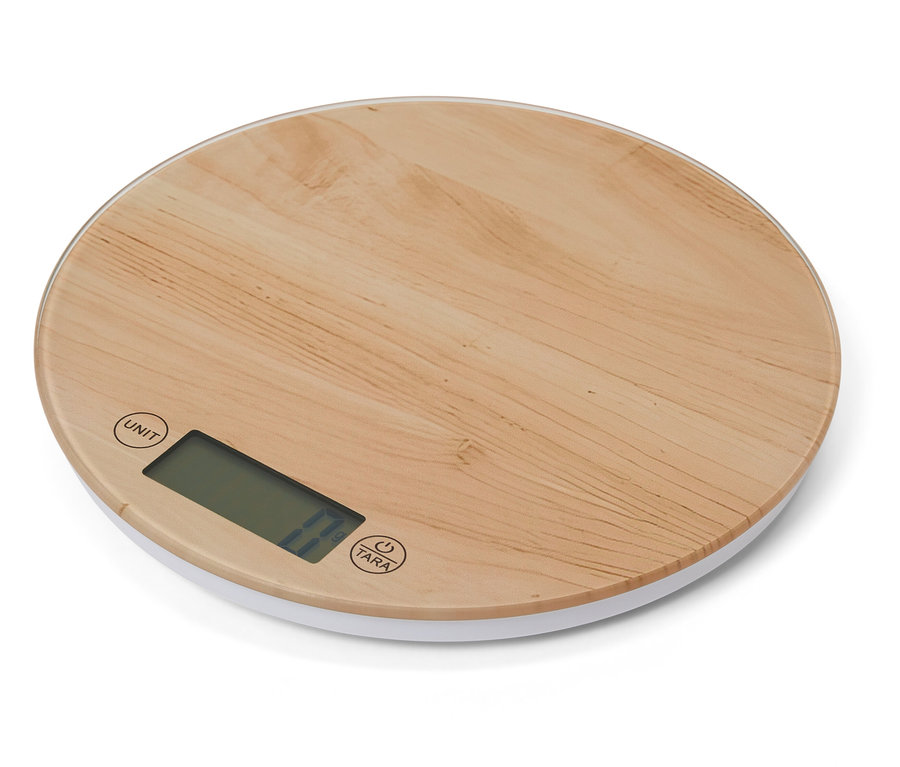 Kerek konyhai mérleg bambusz felülettel és fehér szegéllyel.