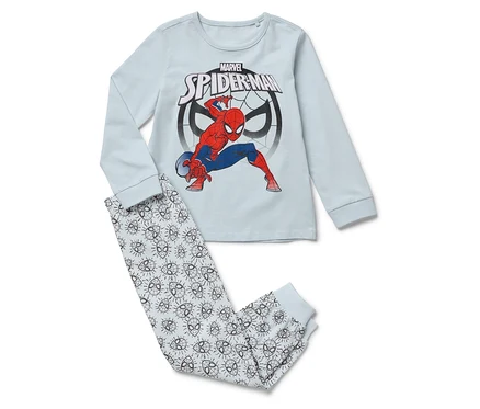 Világos pizsama Spiderman hosszú ujjú felsővel és Spiderman maszkos nadrággal.