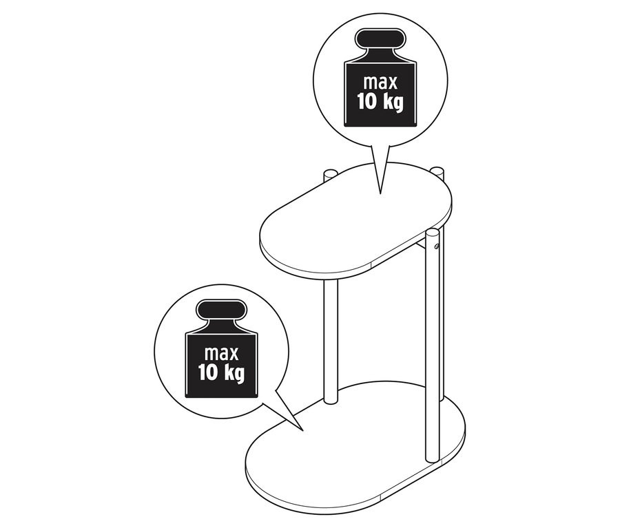 Egy kétszintes asztal rajza, amelynek mindkét szintje maximum 10 kg teherbírású.
