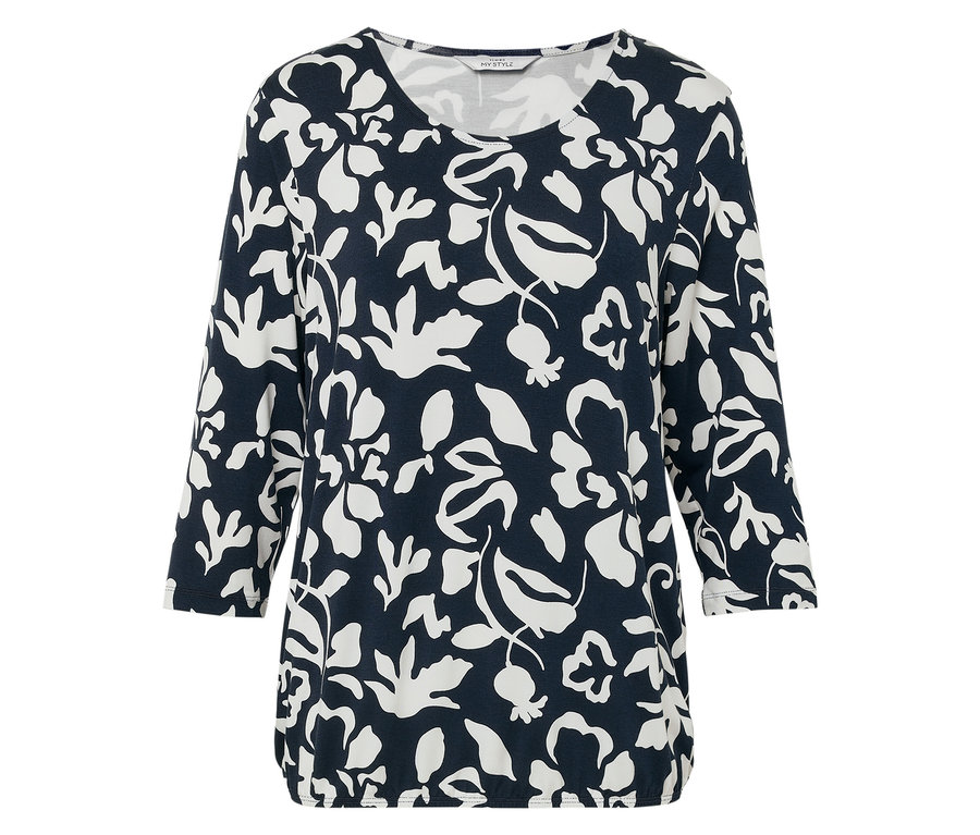 Női háromnegyedes ujjú felső, sötétkék alapon fehér virágmintával.