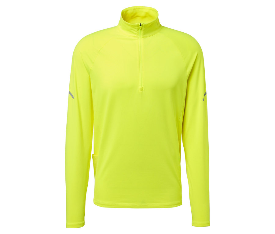 Sárga, hosszú ujjú felső cipzárral a nyakánál.