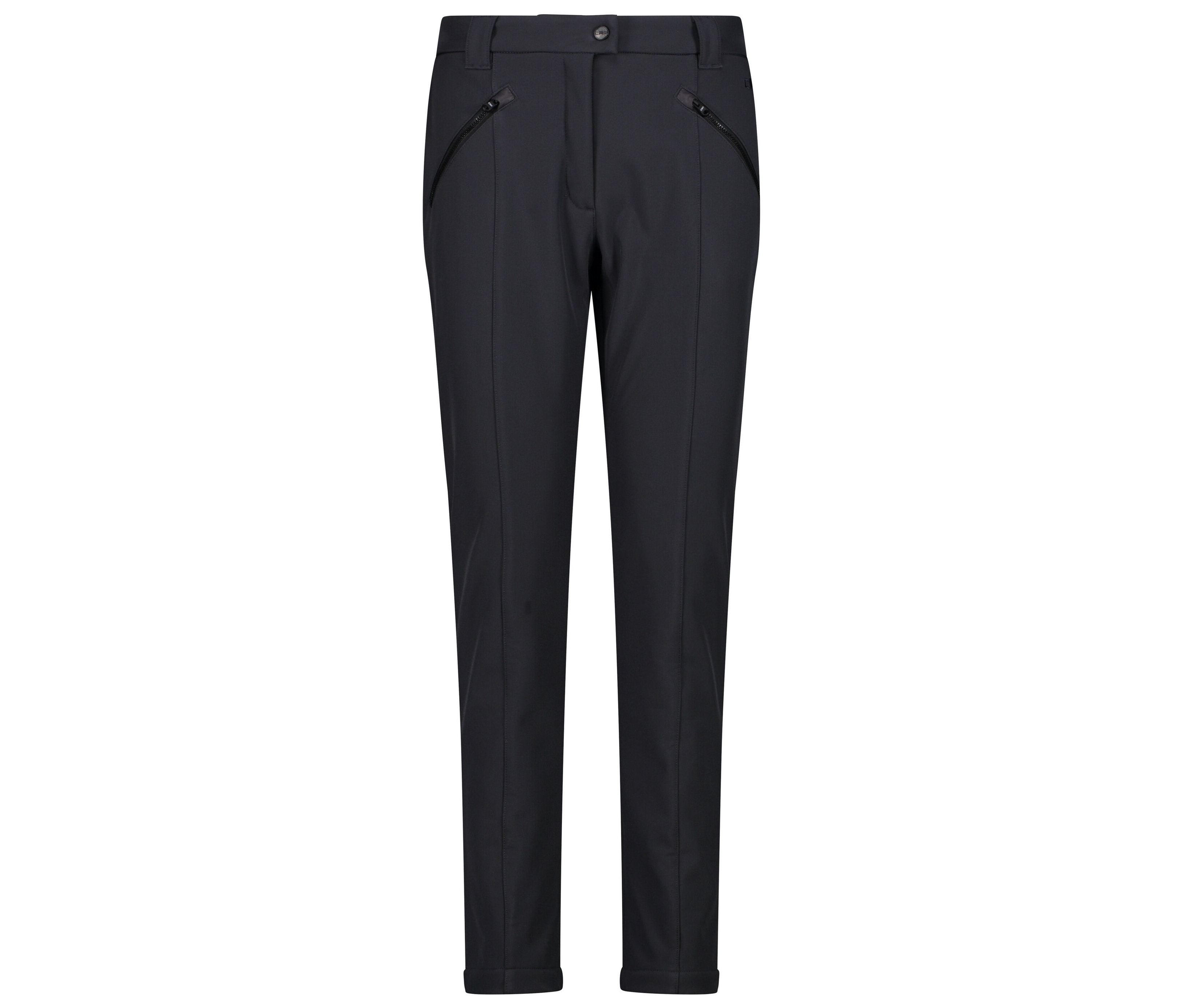 Fekete nadrág cipzáras zsebekkel.