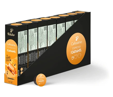 Egy csomag Cafissimo Espresso Caramel, 80 kapszula fekete-fehér csomagolásban.