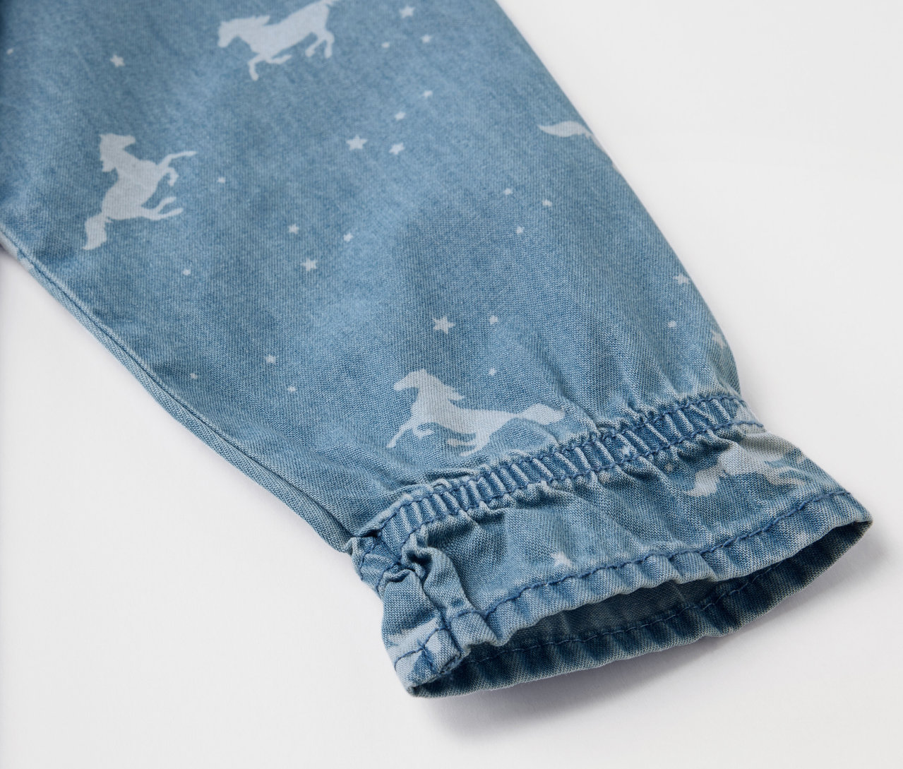 Egy gyermek farmerruha ujjának részlete ló- és csillagmintával.