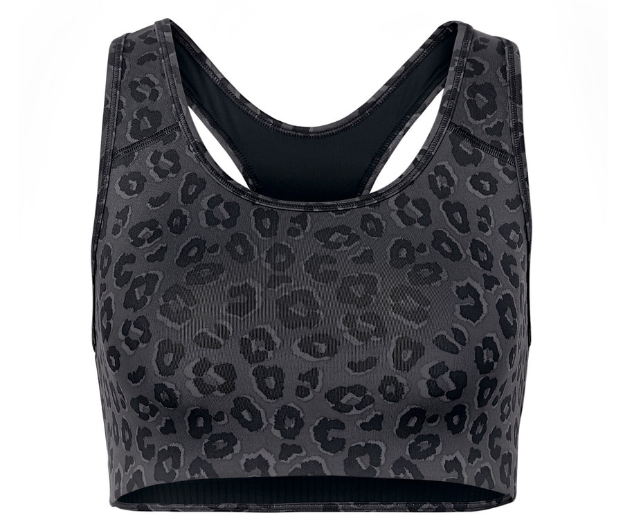 Közelkép egy szürke, állatmintás sportmelltartóról.