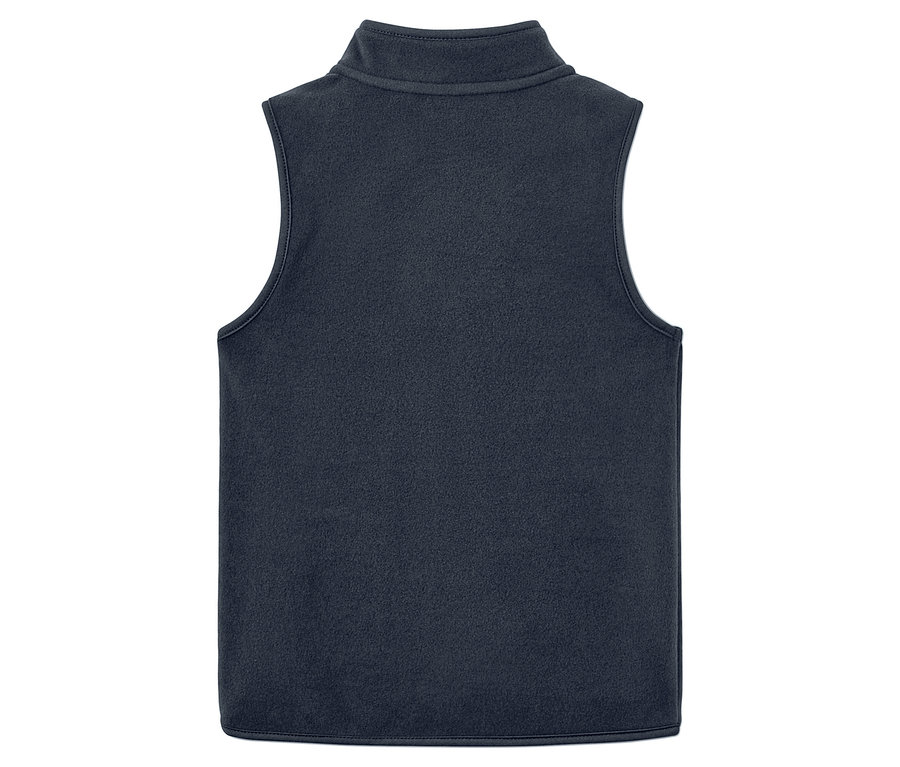 Sötétkék fleece mellény rövid cipzárral.