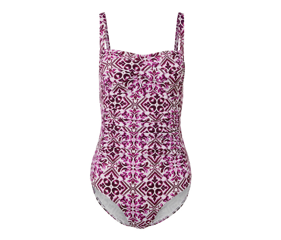 Mintás, fukszia-fehér alakformáló női fürdőruha.