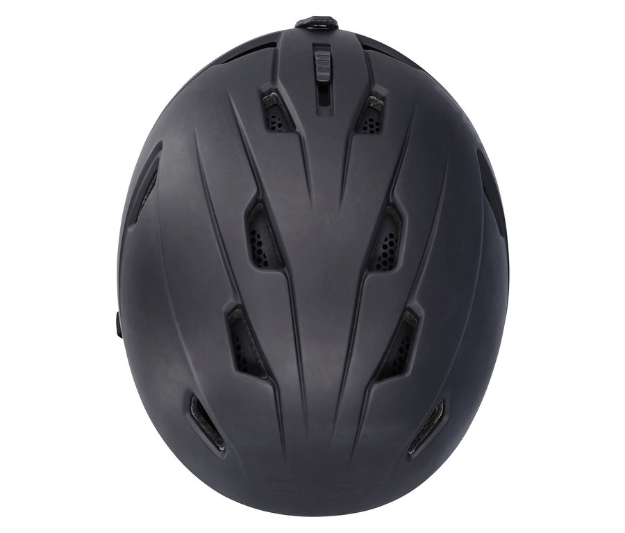 Felülnézet egy fekete sisakról szellőzőnyílásokkal.