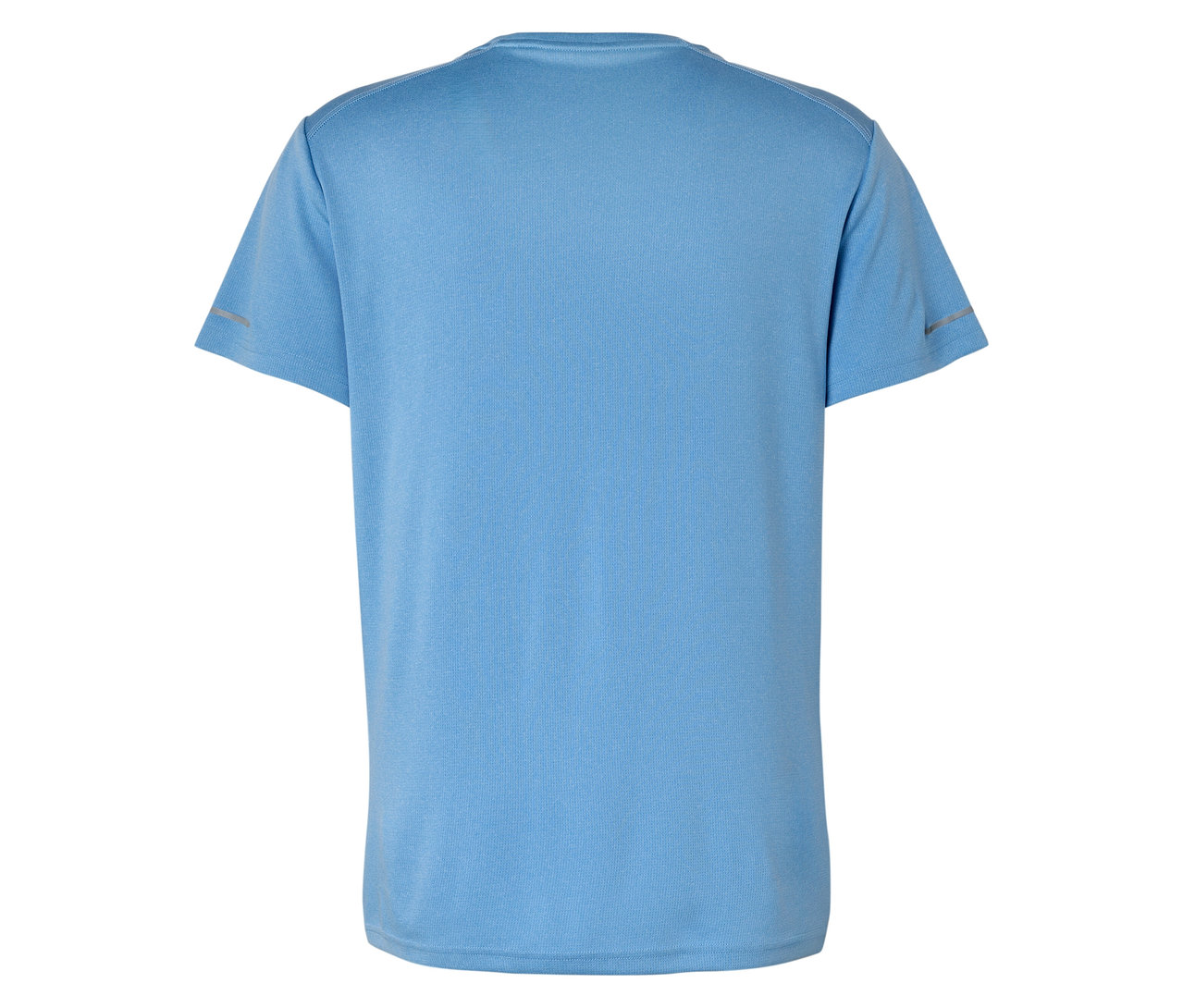 Hátulnézet egy világoskék, rövid ujjú pólóról.