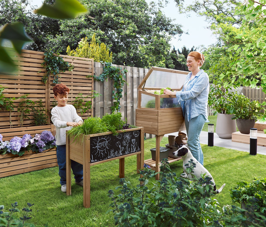 Egy nő kinyit egy korai keretet, miközben egy gyermek egy magaságyás mellett áll. Egy kutya ül a fűben.