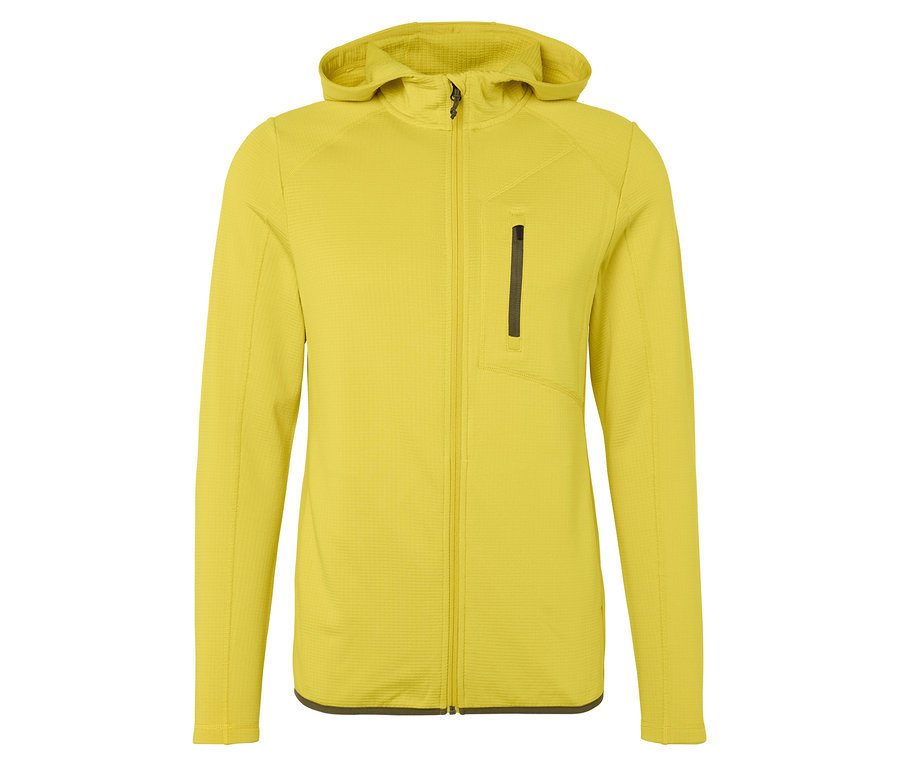 Sárga funkcionális felső kapucnival és cipzárral.